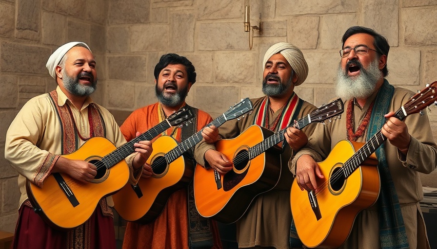 Cultural travel performance by four men in traditional attire indoors.