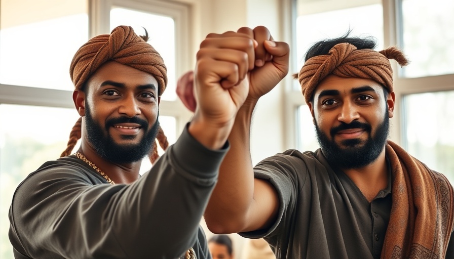 Men in traditional headbands raising fists in cultural journey.