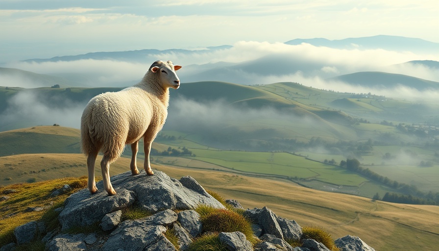 Lone sheep on rocky hill overlooking misty valley, destination guide.