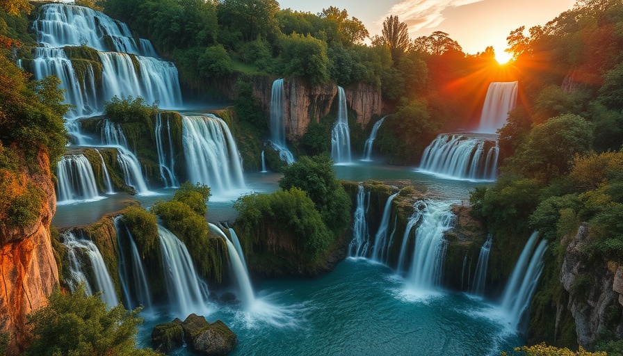 Cascading waterfalls at Plitvice Lakes under golden sunset.