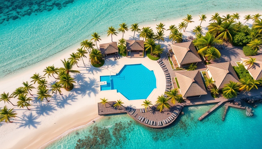 Aerial view of a luxury resort in a tropical paradise, showcasing palm trees, a pool, and the ocean.