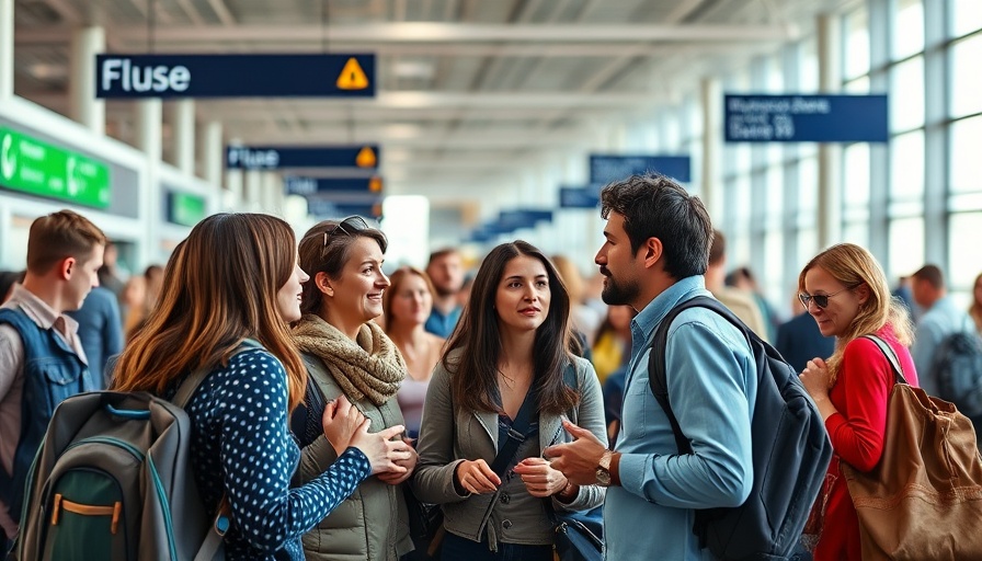 Travelers discussing news at a busy US airport.