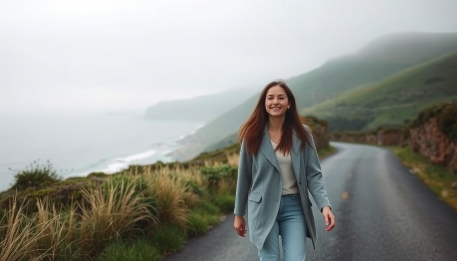 Woman walking on a misty coastal road, enjoying nature.
