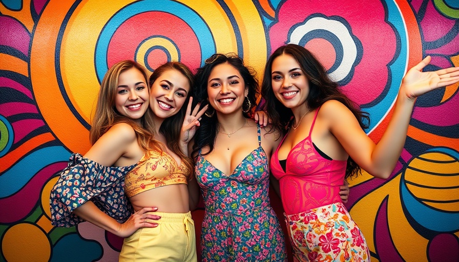 Smiling women at cultural events today, vibrant mural.