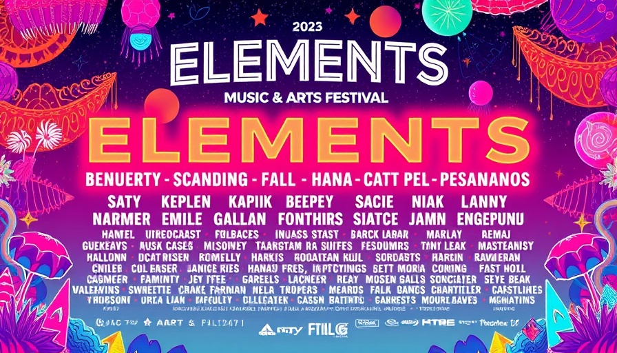 Elements Music & Arts Festival 2025 poster with lineup details and colorful graphics.