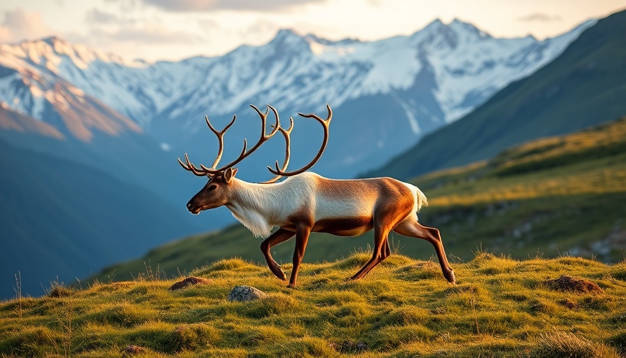 Reindeer on Lapplandsleden hiking trail with snow-capped mountains.