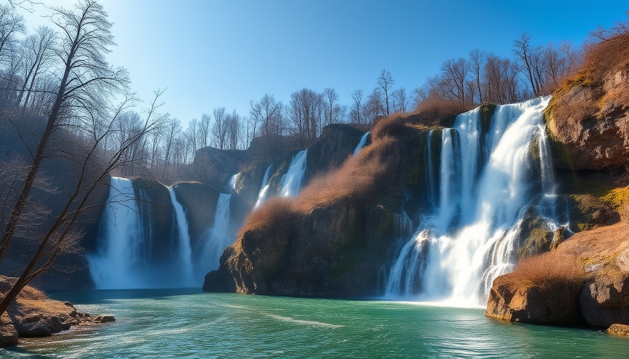Scenic winter view of Plitvice Lakes waterfalls.