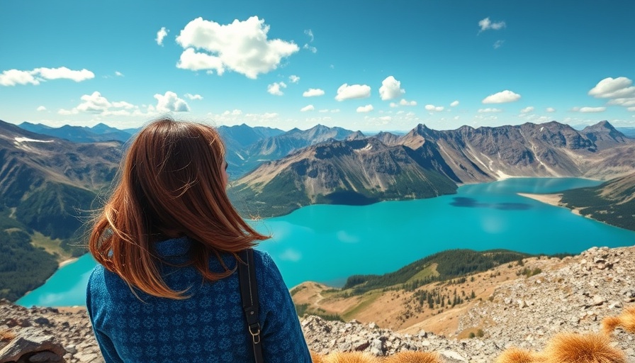 Hiker at Tongariro Alpine Crossing overlooking a turquoise lake.