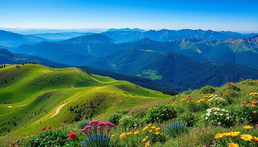 Scenic mountain view with lush greenery and wildflowers, ideal for family travel tips.