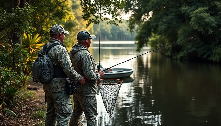 Hidden fishing spots in Florida, two anglers by a lakeside.