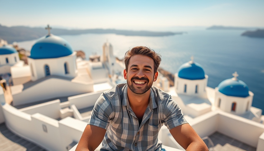 Smiling man enjoying Santorini view with blue domes; budget travel Santorini family itinerary.