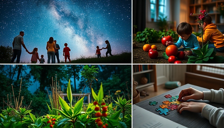 Collage of fun family activities; stargazing, gardening, puzzle-solving.