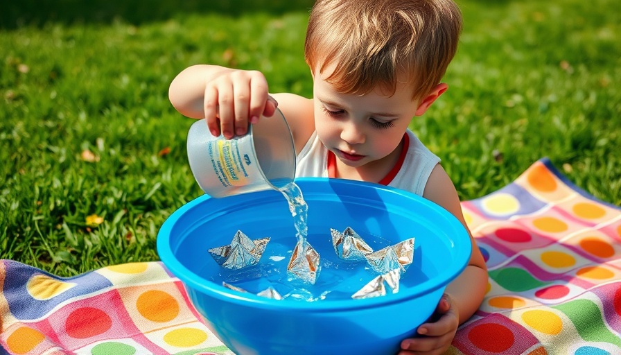 Child playing with water and foil boats outdoors - fun family activities.