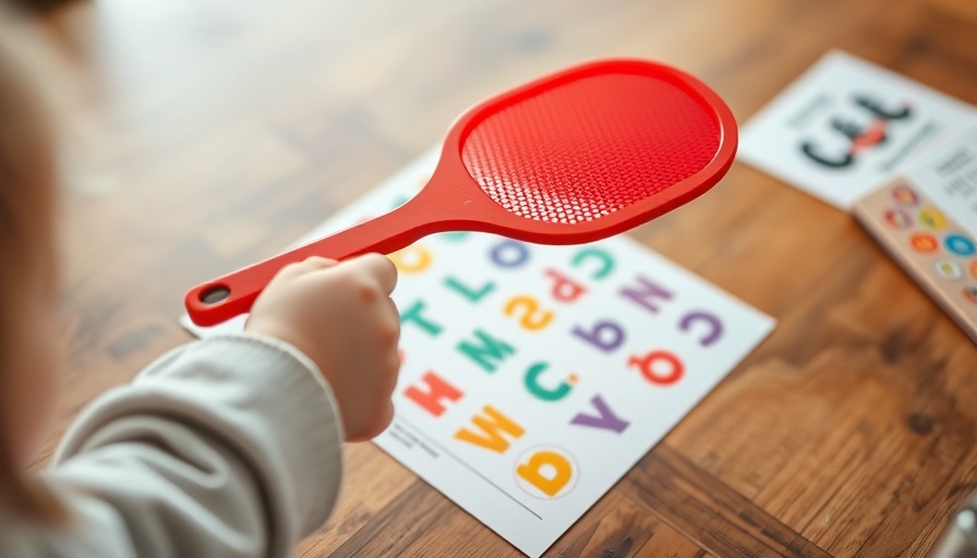 Child playing a fun indoor alphabet game with a fly swatter.