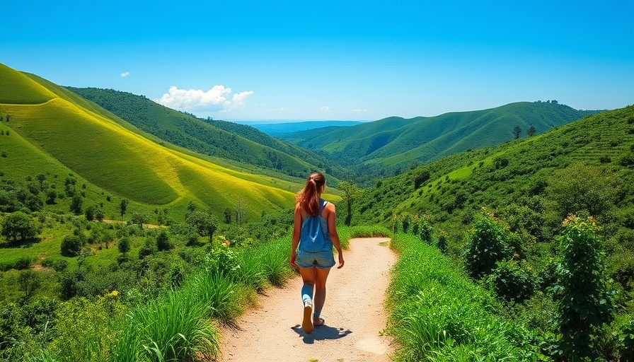 Serene landscape with woman, emphasizing sustainable travelling.