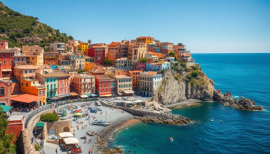 Vibrant coastal town promoting sustainable travelling with colorful buildings.
