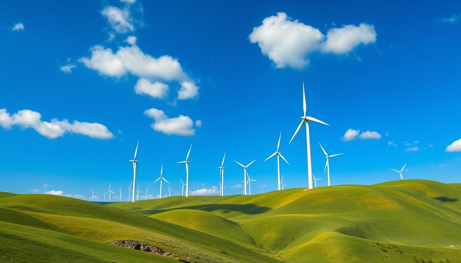 Wind turbines on hills under clear blue sky, sustainable travel agency.