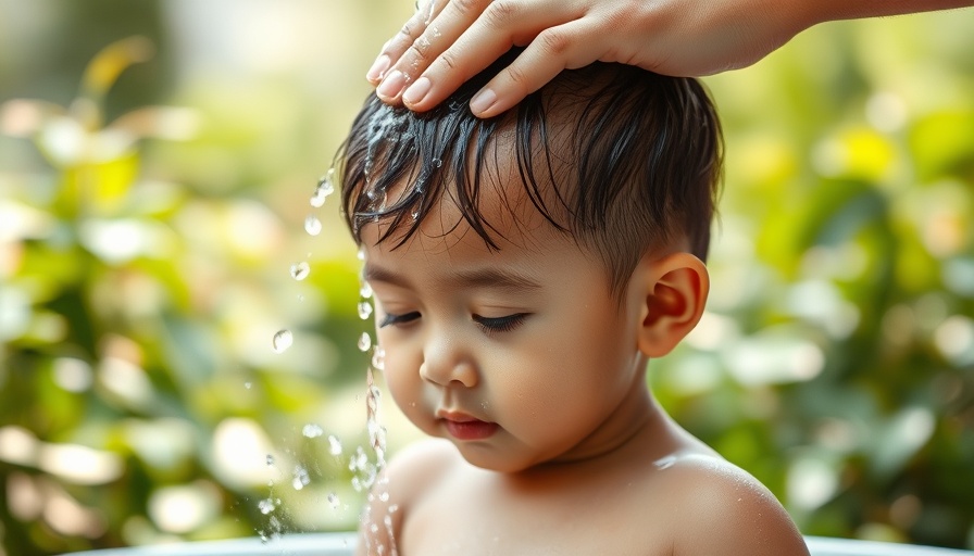 Child being gently washed outdoors by an adult, soft daylight, sustainable travel agency.