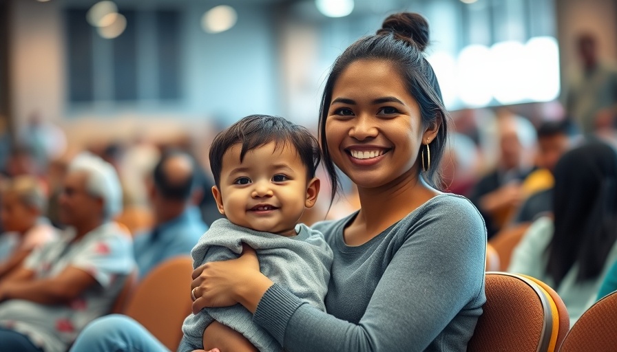 Smiling young woman with a child at a community event, sustainable travelling