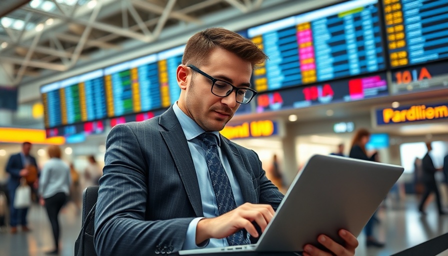 International traveler spend concept, professional reviewing finances in airport.
