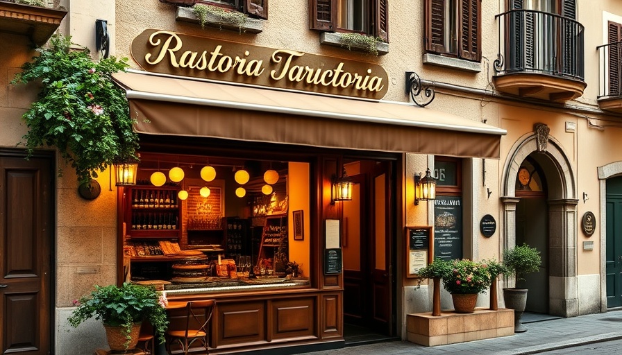 Charming rustic trattoria storefront in warm amber tones, budget travel places.