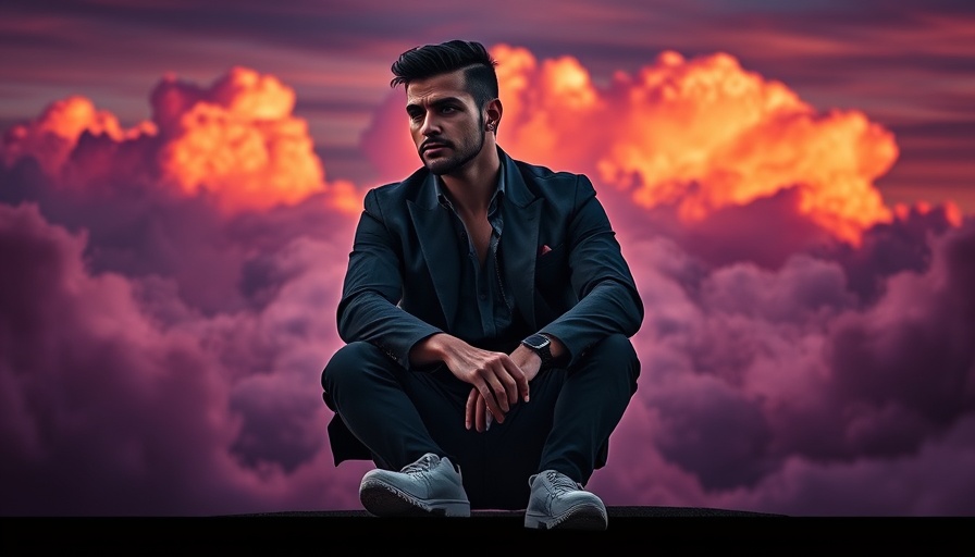 Contemplative man amidst vibrant clouds, cultural events today mood