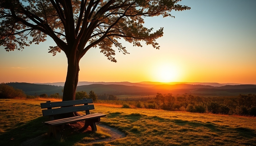 Serene countryside for green travel guide, featuring a wooden bench