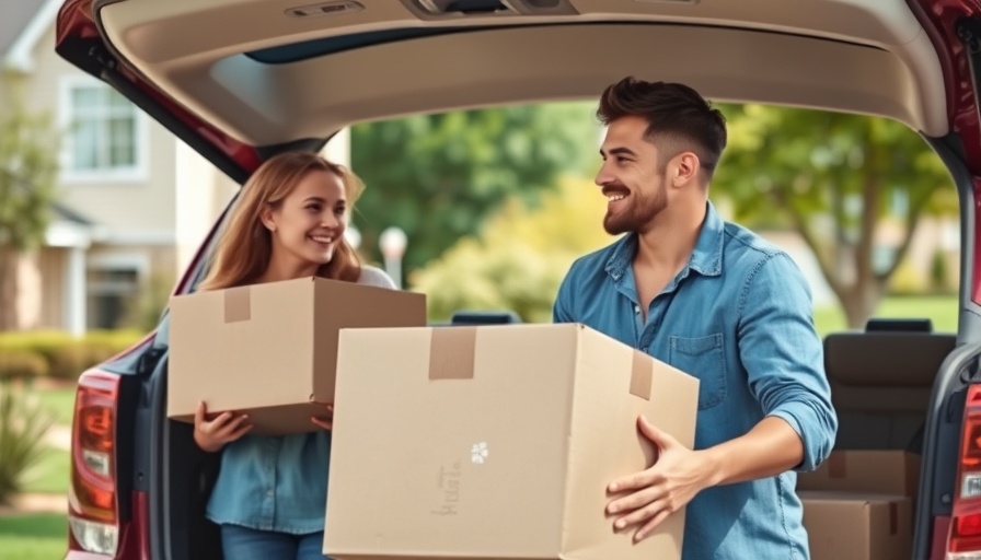 Young couple moving into a suburban neighborhood, unloading boxes.
