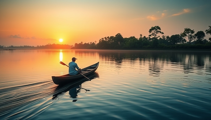 Solitary figure rowing on a river at sunset, Tourism Funds Conservation Efforts.