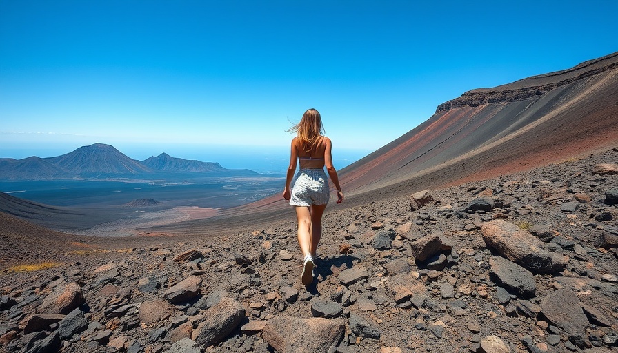 Young woman exploring volcanic trail, green travel guide inspiration.
