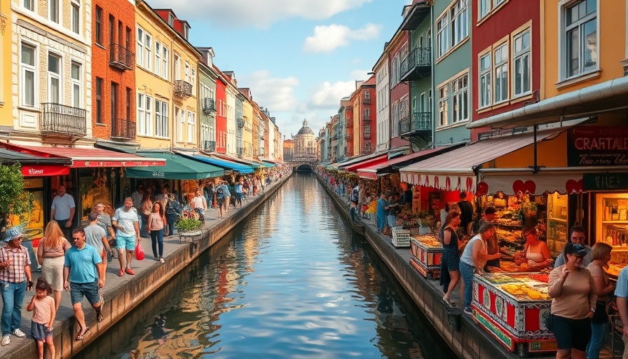 Urban canal market scene for green travel guide