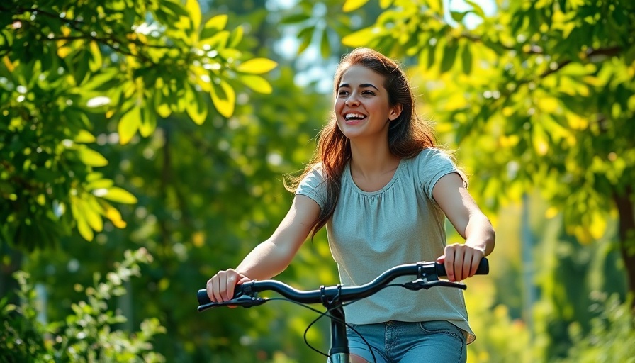 Sustainable traveler biking through lush greenery with a content expression.