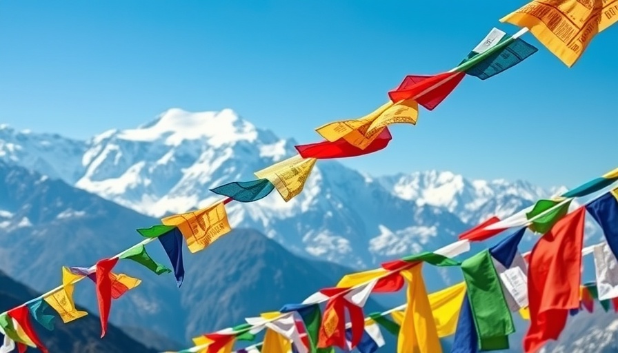 Prayer flags with Himalayan mountains, Everest Base Camp scenery.