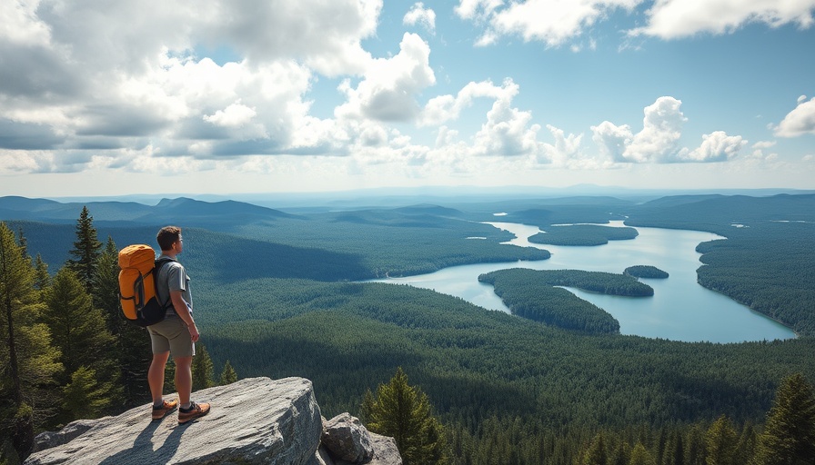 Hiker overlooking forest and lakes showcasing best men's hiking boots 2025.