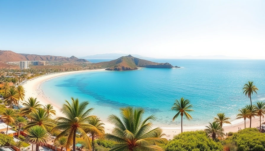 Serene Gran Canaria beach scene with turquoise waters and palm trees.