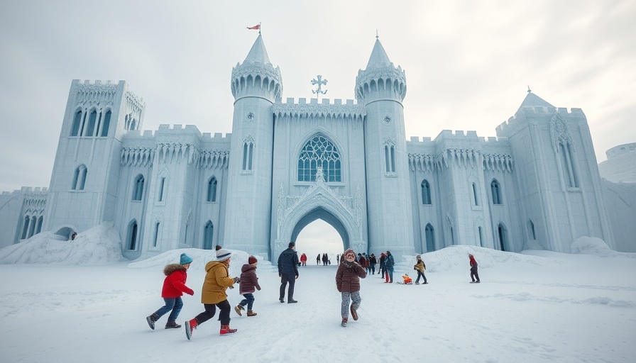 Quebec Winter Carnival ice castle with children playing in snow.