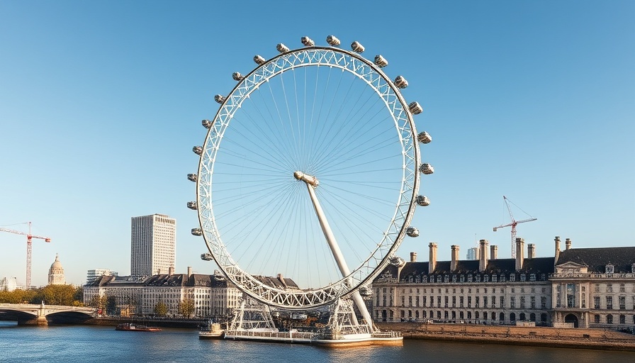 Majestic view of London Eye over Thames River, clear sky.