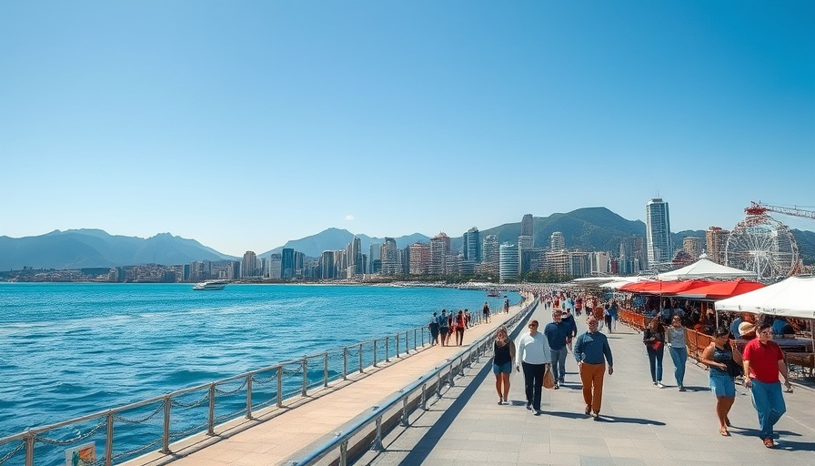 Fun family travel at vibrant city waterfront promenade.