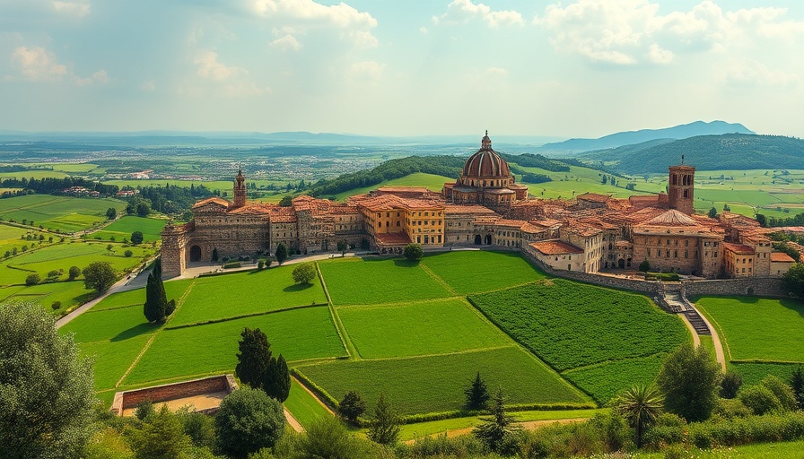 Scenic Italian countryside, historical architecture with lush greenery.