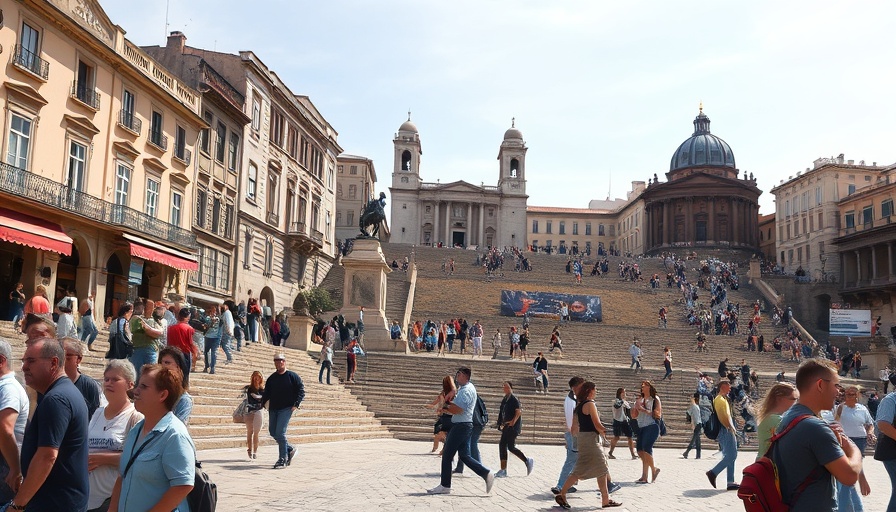 Fun family travel scene at historic landmark with bustling crowds