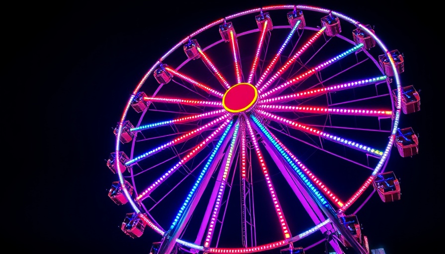 Vibrant Ferris wheel with colorful neon lights at night during fun family travel.