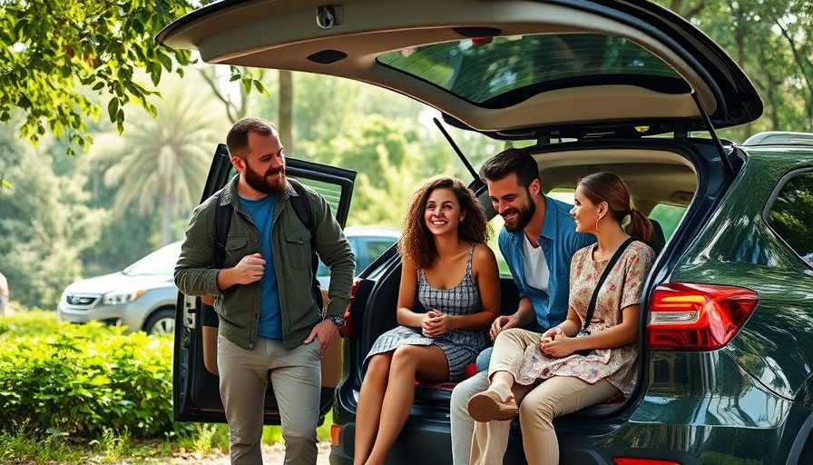 Family preparing for road trip in park setting, highlighting family road trip tips.