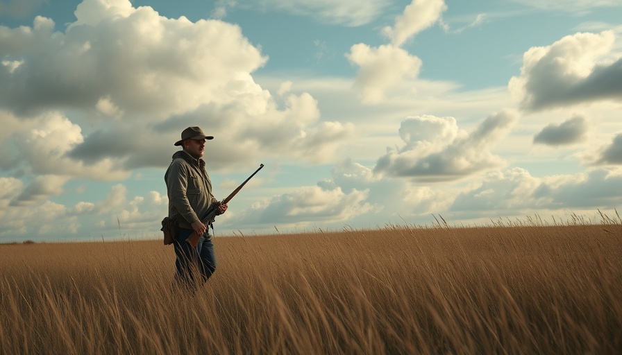 Lone hunter in high-end hunting clothing in open field