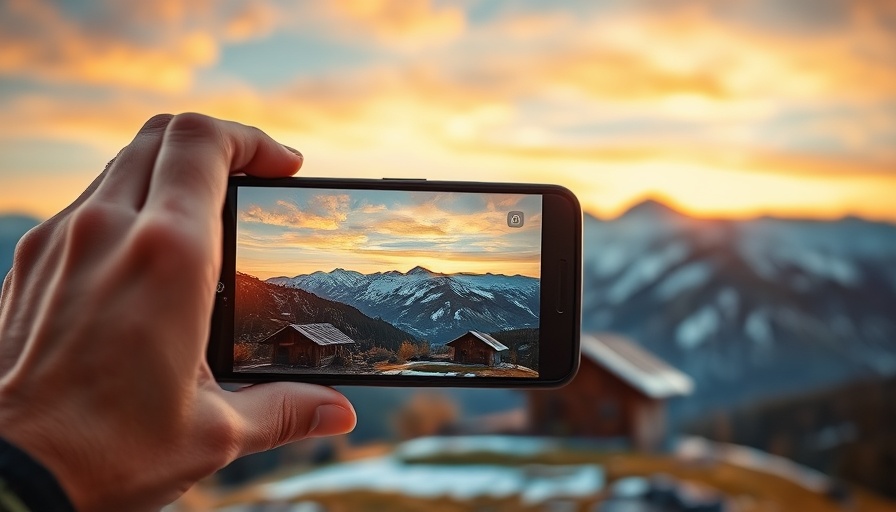 Capturing mountain sunset on smartphone for organizing travel videos.