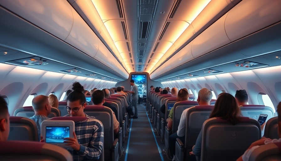 Modern airplane cabin with passengers using inflight Wi-Fi, luxurious interior.