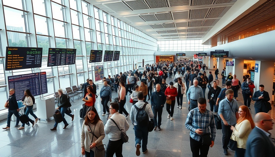 Travelers at a busy airport terminal checking schedules.