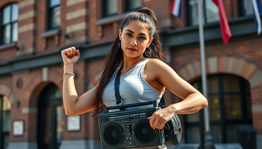 Rachel Chinouriri music journey: woman flexing with boombox in urban setting.