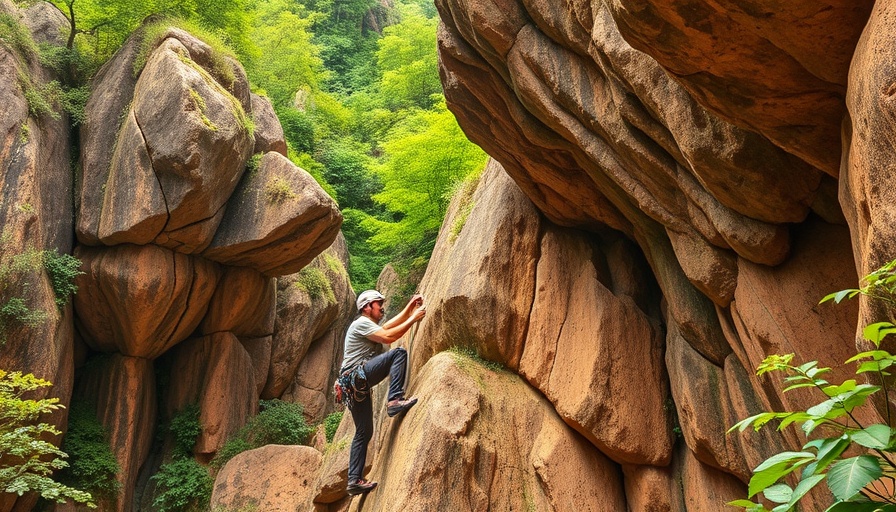 Climber at Shegeng Cave site amid lush greenery and rocks.
