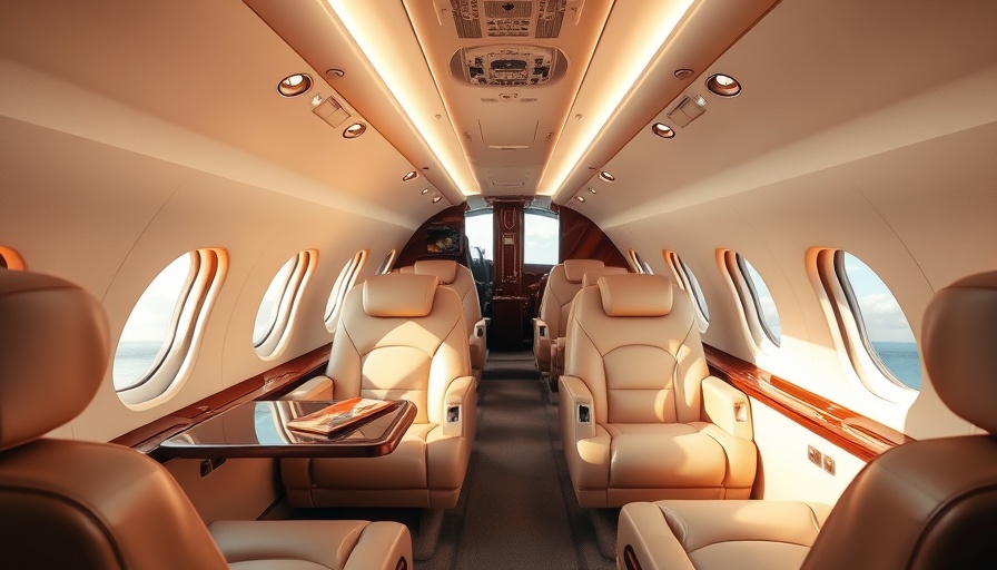 Luxurious air travel in a private jet interior with plush seats.