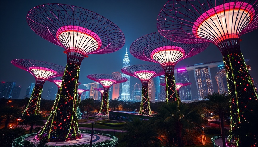 Spectacular night view of illuminated structures in Singapore.